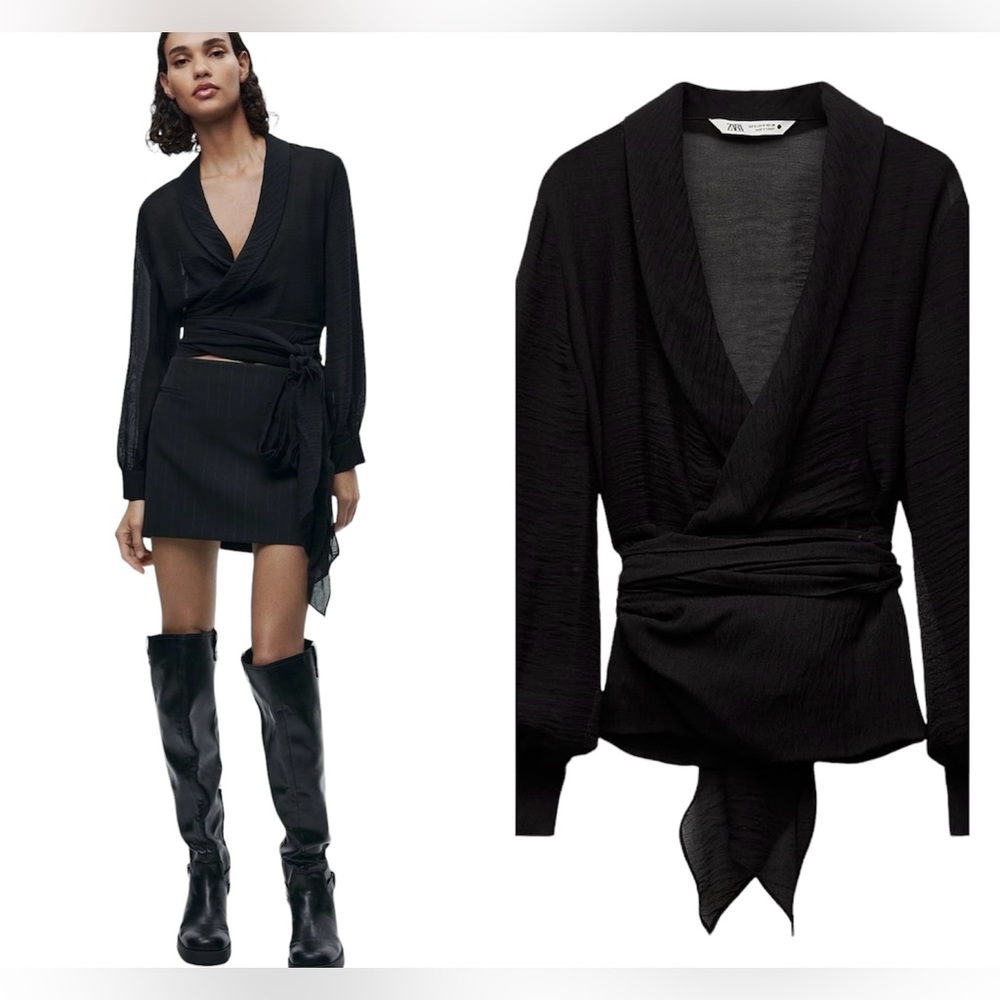 Zara NWT Small Structured Blouse Lantern Cuffed Sleeves Black Waist Tie